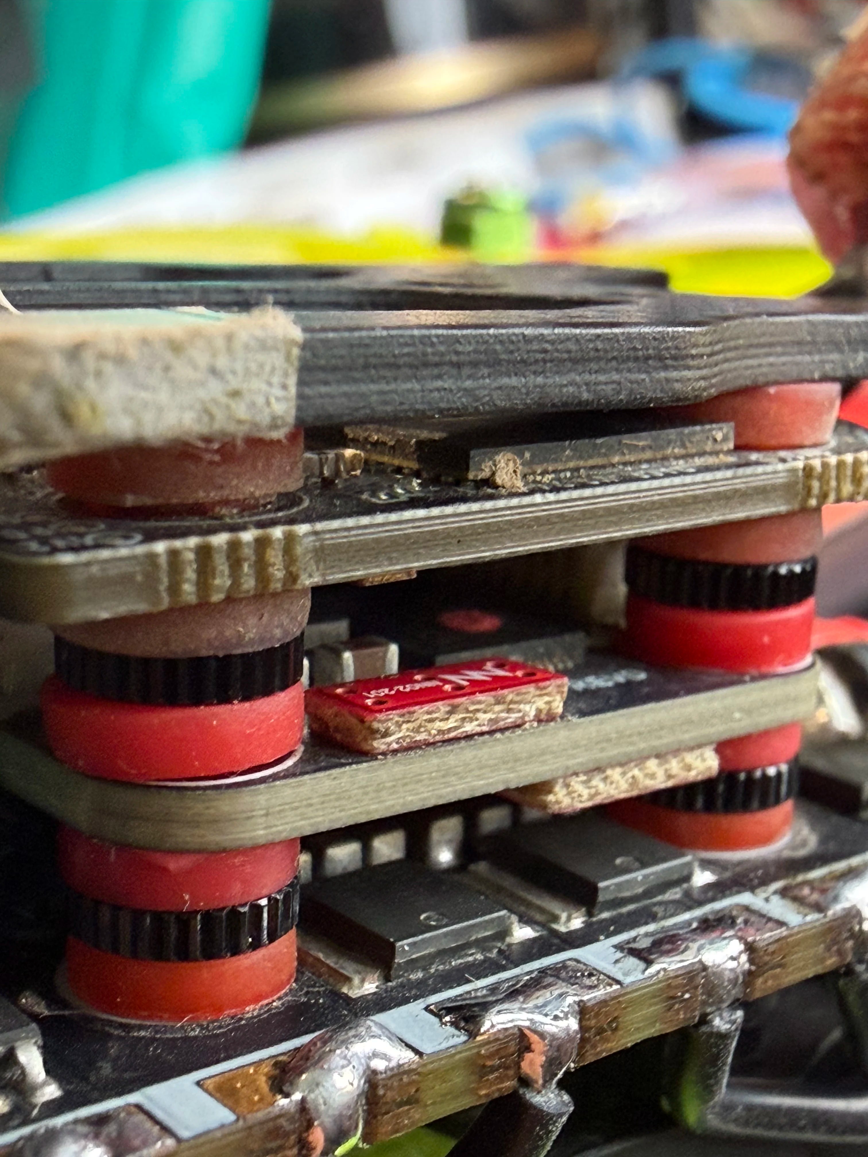 M3 stack nut installed in compact FPV frame ESC FC stack, 20mm standoff