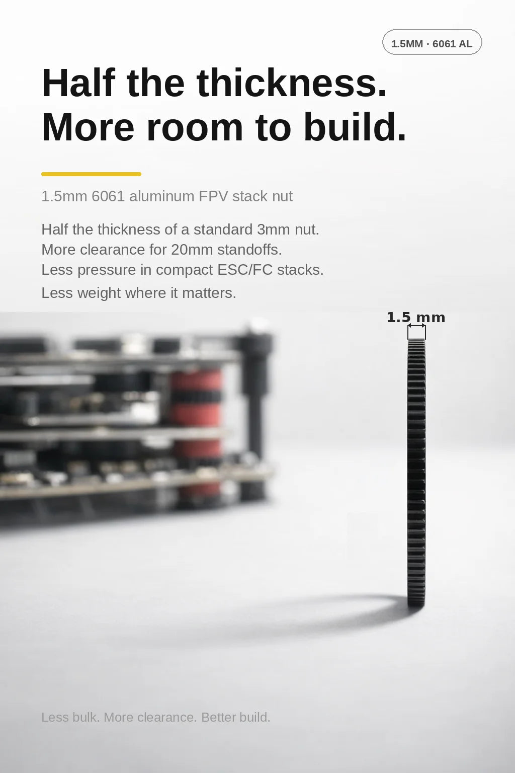 Ultra-Thin M3 FPV Stack Nut — 1.5mm 6061 Aluminum, half the bulk, all the hold