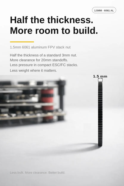 Ultra-Thin M3 FPV Stack Nut — 1.5mm 6061 Aluminum, half the bulk, all the hold